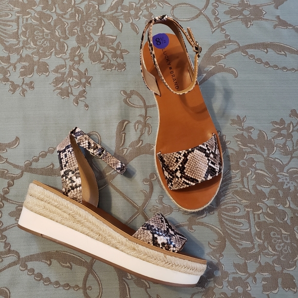 Lucky Brand Jeneka Snakeskin Tan Black Espadrille Platform Sandals Women’s 8.5 - Picture 1 of 12